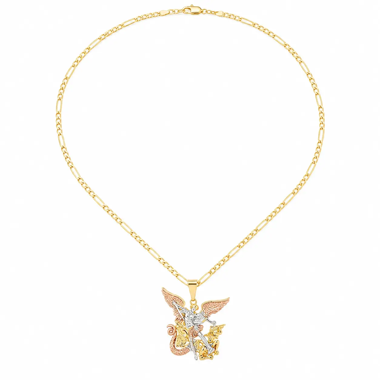 St Michael Archangel Figaro Chain Necklace - Vintage Protection Medal Pendant, Gold-Silver-Rose Gold Tone, Unisex Christian Catholic Statement Jewelry, Daily Wear Faith Gift, Statement Necklace