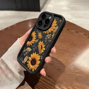 Sunflower Pattern TPU Phone Case for Apple - Shockproof Black Protective Cover with Floral Design Compatible with iPhone 17 16 15 14 13 12 11Pro Max 16E 17Air XsMax 16Plus  air shockproof non slip