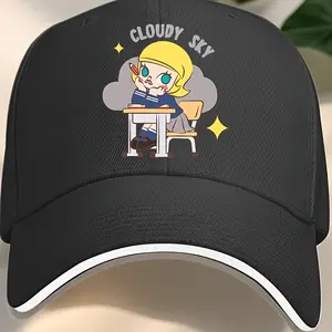 LABUBU Men's Cartoon Girl and Cloud Pattern Casual Baseball Cap - Black and White Contrast Design, Four Seasons Sun Protection Sports Outdoor Headwear, Fun Style Durable Breathable Fabric, Street Style Trendy Hat