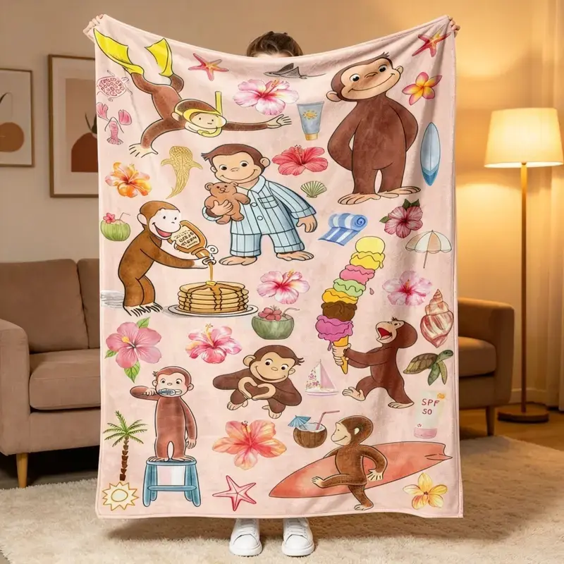 Curious George Tropical & Pajama Collage Fleece Blanket, Beach Surf Adventure Design, Plush Throw for Kids Bedrooms