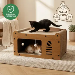 Premium Walnut Wood Grain Cat Scratcher House 56cm Large 3-in-1 Hideaway Lounger Durable Cardboard Condo with Hanging Toy Balls Vintage Decor Pet Furniture