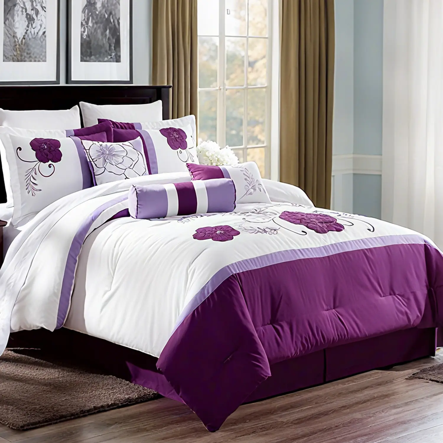 Purple Lavender Embroidered Floral Bedding Set - 6-Piece Queen/King Luxury Microfiber Comforter Set, Soft Hypoallergenic Fade-Resistant Quilt, 1 Comforter, 2 Pillowcases, 3 Decorative Cushions, Hotel Collection Holiday Gift, Embroidered Bed Set, Floral Be