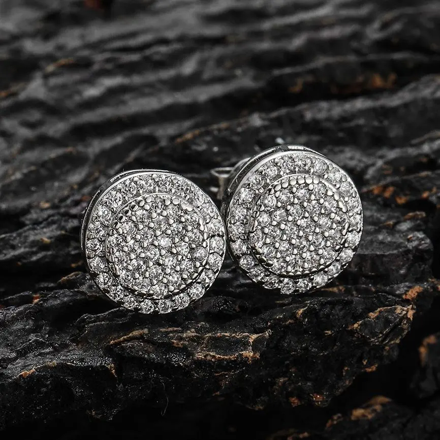 S925 Sterling Silver 8MM Moissanite Round Stud Earrings - Iced Out Silver Full Pavé Bling Studs, Unisex Hip Hop Streetwear Jewelry