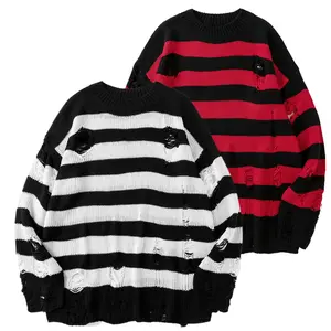 Sweater Men's Casual Distressed Striped Knitted Sweater - Oversized Retro Daily Pullover