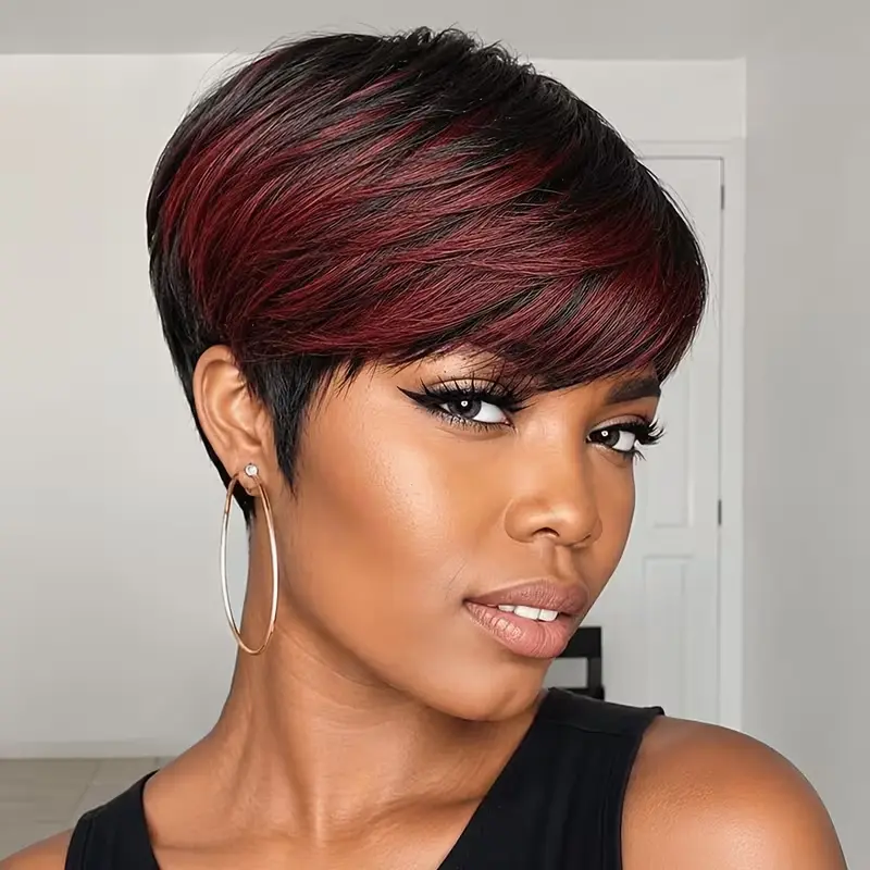 Black Burgundy Pixie Wig for Women - Glueless Short Pixie Cut with Bangs, Density Machine-Made Wig, Layered Full Mane & Elastic Net Cap, Straight Hair (1B/99J) for Daily Wear & Special Occasions style color u