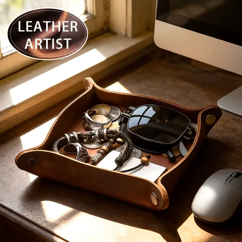 Handcrafted Top-Grain Genuine Leather Square Desktop Organizer for Organization Storage - Deep Brown, 4 Secure Snap Closures, Rounded Corners