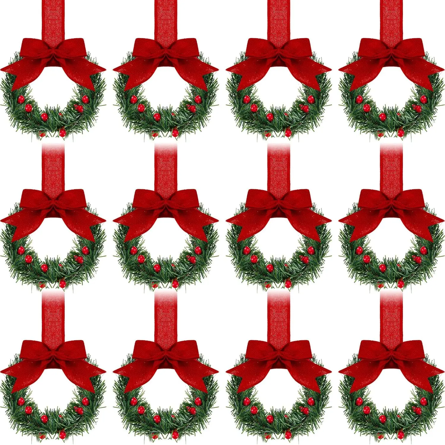 12 Pcs Christmas Kitchen Cabinet Wreaths with Ribbon 3.94 Inch Mini Christmas Wreath Small Kitchen Xmas Decor for Window Door
