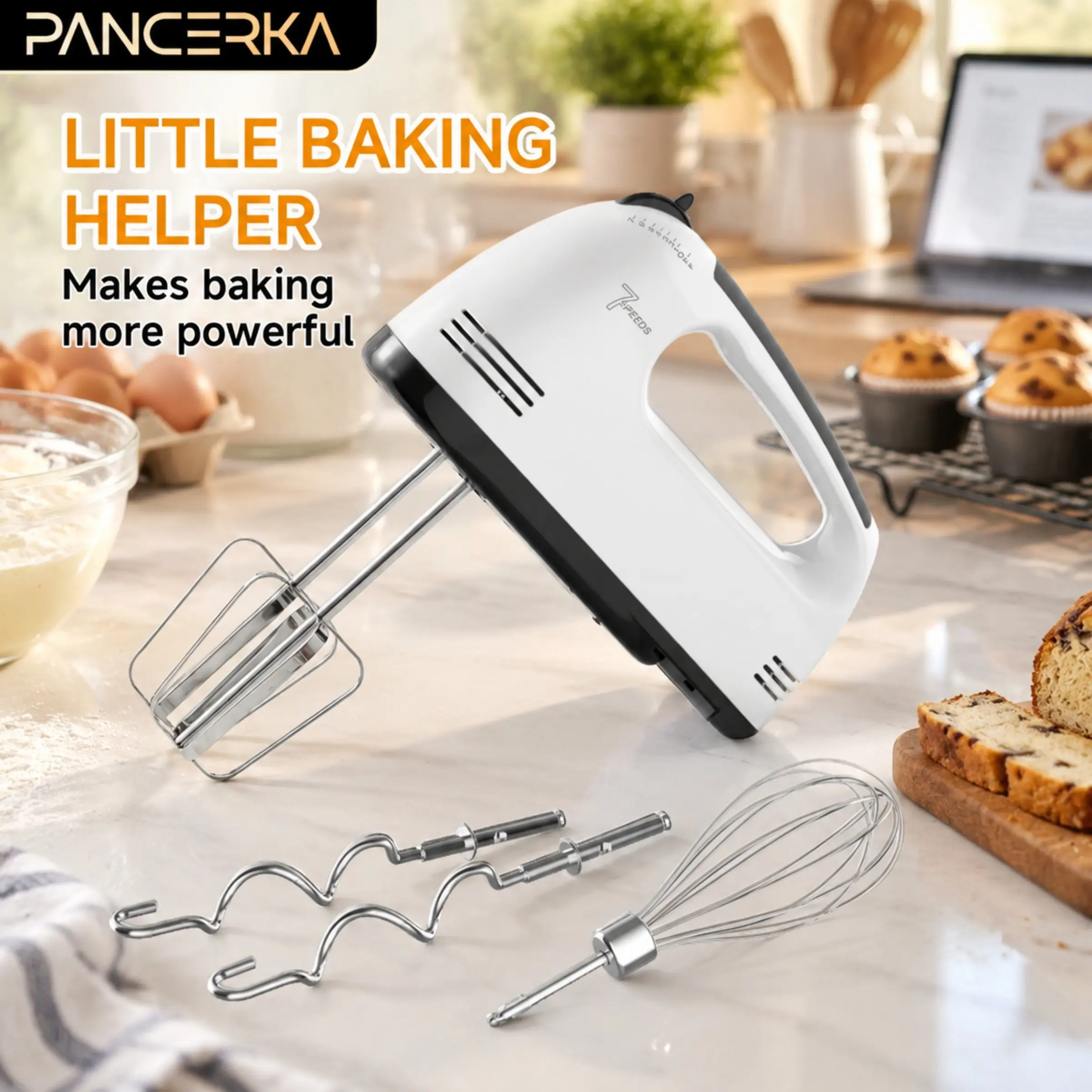 200W Power 7-Speed Electric Hand Mixer with 110V Plug-In, Storage Box, 5 Stainless Steel Attachments (Beaters, Dough Hooks, Whisk) – Multi-Use Mix for Baking Cakes, Eggs