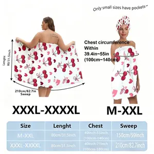 Cherry Heart Printed Towel Dress & Head Wrap Set, Plus Size (M-XXXXL), Bath Robe for After Shower, Lightweight Soft, Beach Spa Wear, Red Pink Leaves Pattern, White