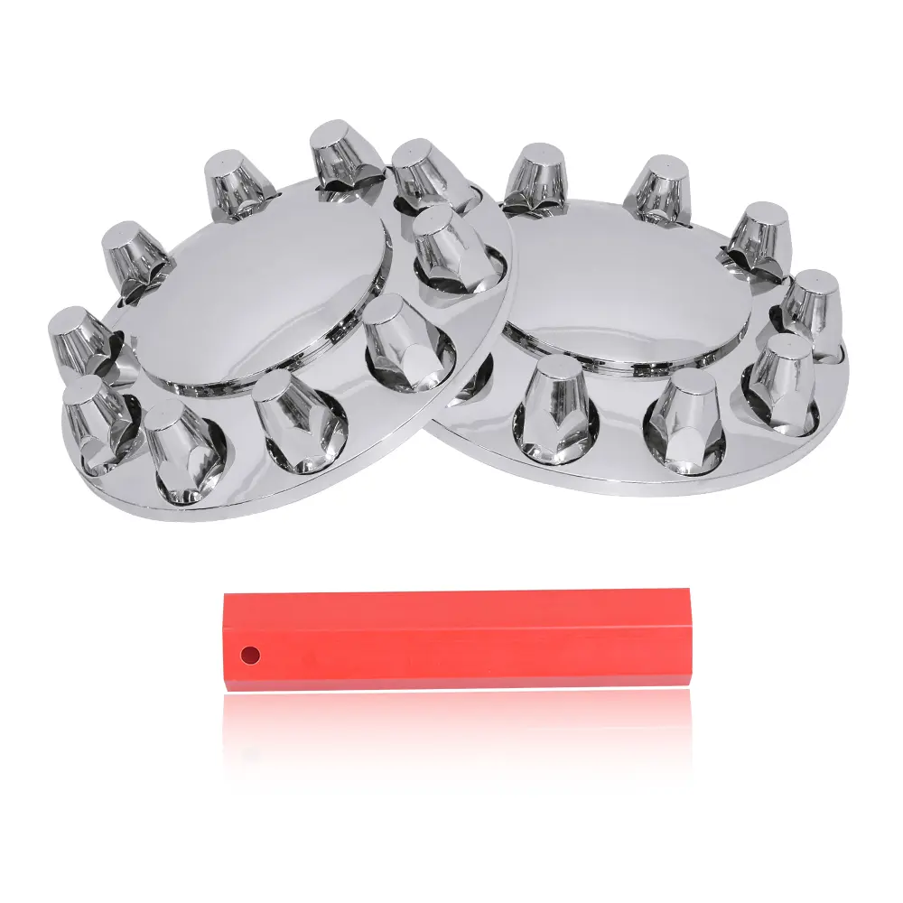 Chrome ABS Complete Axle Cover Set with Hub Caps and 33mm Screw-On Lug Nut Covers for Semi Trucks (2 Front) Car Accessories