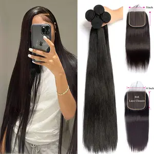 BELE HAIR 5x5 Lace Closure With Bundles Brazilian Straight Human Hair Bundles With 6x6 Transparent Lace Closure Weave Bundles With Lace Closure Natural Black Color Human Bundle Extensions For Women 9A Grade 3 bundles With Closure Unprocessed Cheap Bundles