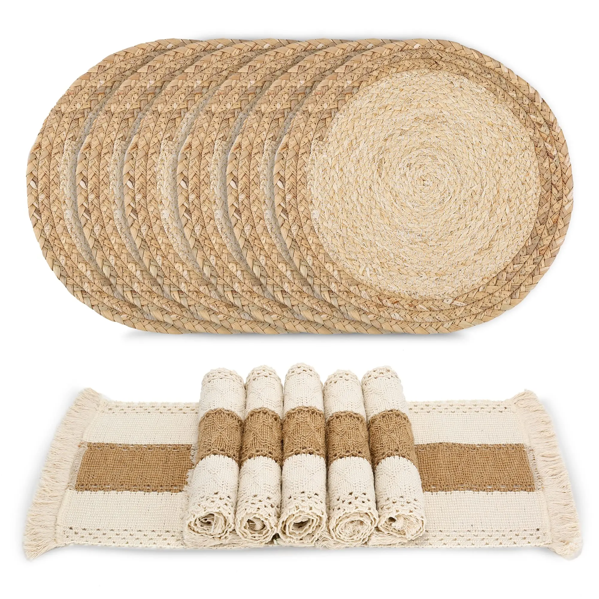 6 Pcs Handmade Boho Placemats Set,Natural Cotton Burlap and Water Straw Woven Combination Table Mats,Macrame and Farmhouse Style Placemats,for Dining Table Kitchen,Christmas Party Gifts,Hand Tools Kits