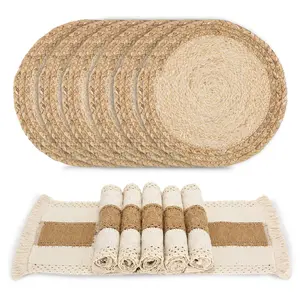 6 Pcs Handmade Boho Placemats Set,Natural Cotton Burlap and Water Straw Woven Combination Table Mats,Macrame and Farmhouse Style Placemats,for Dining Table Kitchen,Christmas Party Gifts,Hand Tools Kits