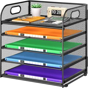 Tier Paper Organizer with Handle, Metal Mesh Desk Organizer for File Folders, Letters-Document Sorter for Classroom, School, Office Accessories Organization and Storage - Black