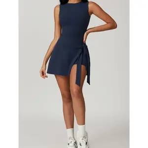 Women’s Solid Color Two-in-One Tie-Front Wrap Sports Dress, High Stretch, Slim Fit, Sleeveless, Round Neck, All-Season Activewear for Tennis, Gym, and Workouts