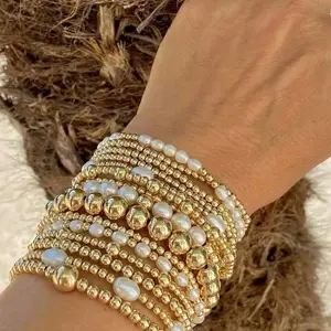 15pcs Set of Stacked Bracelets for Women and Girls, Mixed Bead Shaped Pearl Bracelet, Gold Plated Elastic Bead Ball Set, Daily Gift Jewelry, Stackable Bracelets