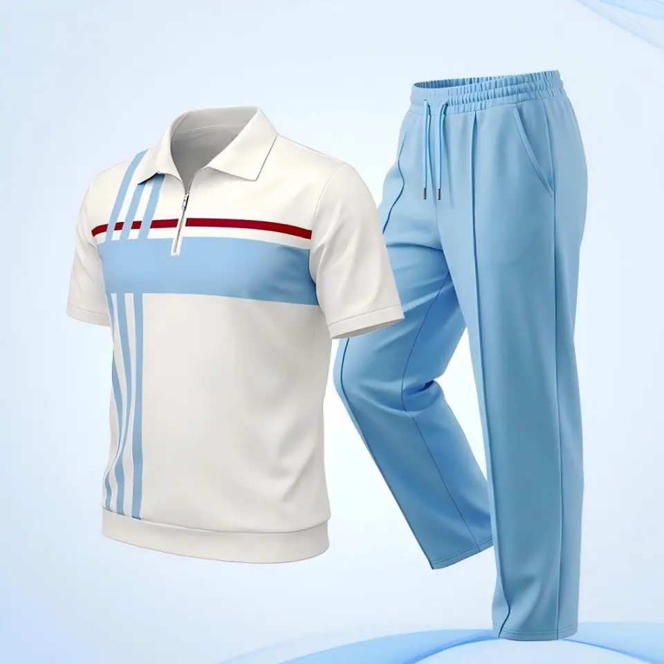 Men's Color Block Half Zip Polo Shirt & Drawstring Long Pants 2 Piece Tracksuit Set