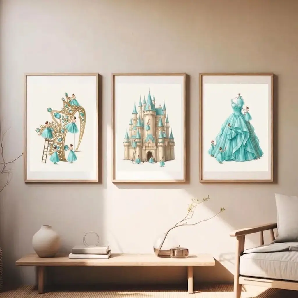 Princess Wall Art Set of 3 | Pink Princess Bedroom Prints | Castle Dress Tiara Gallery Set | Girls Room Decor | Whimsical Art Prints