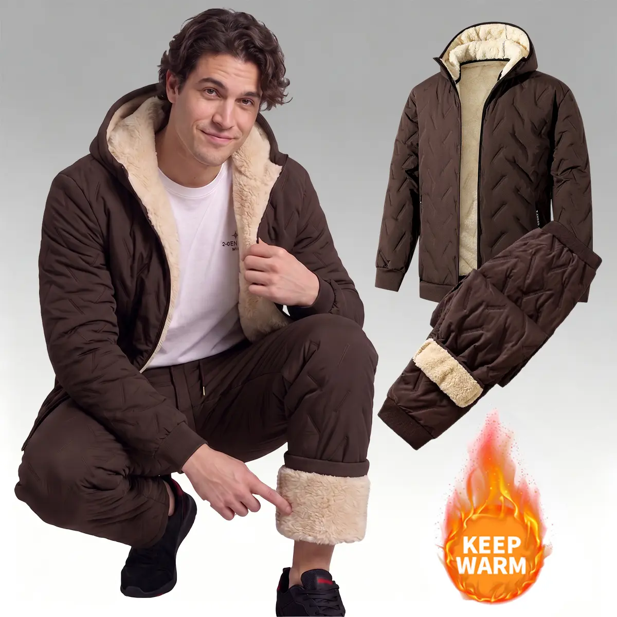 Men's quilted hooded jacket & straight-leg pants set, sherpa-lined – for commutes, travel, or camping – 100% polyester shell & fill – warm, durable, and effortlessly cozy.