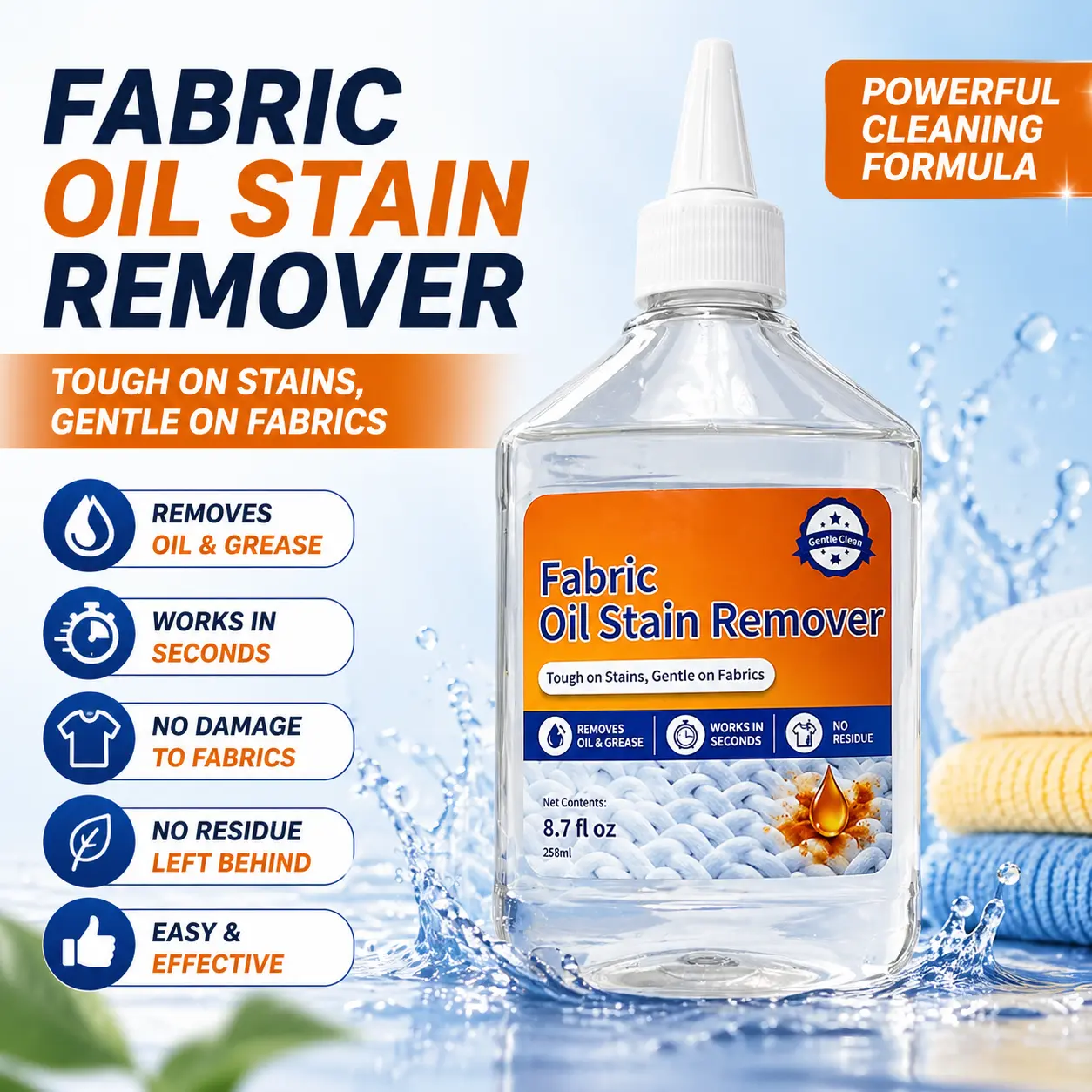 Household Cleaner Oil Stain Remover for Clothes, Fast-Acting Fabric Degreaser, Grease & Tough Stain Remover, Gentle on Fabrics, No Residue, 8.7 fl oz
