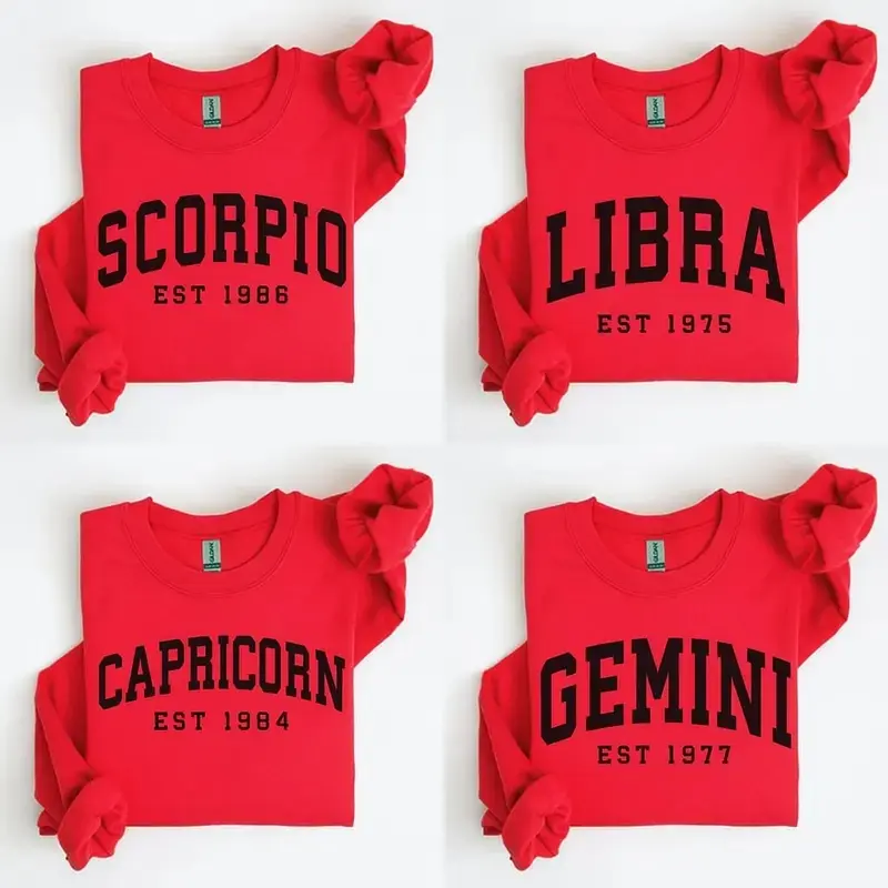 (DM To Shop) Custom Year, Custom Zodiac Sweatshirt – Red Color, Est Your Year Astrology Pullover, Cute Horoscope Energy Gift, Unisex Crewneck Sweatshirt, Birthday Zodiac Sign Outfit