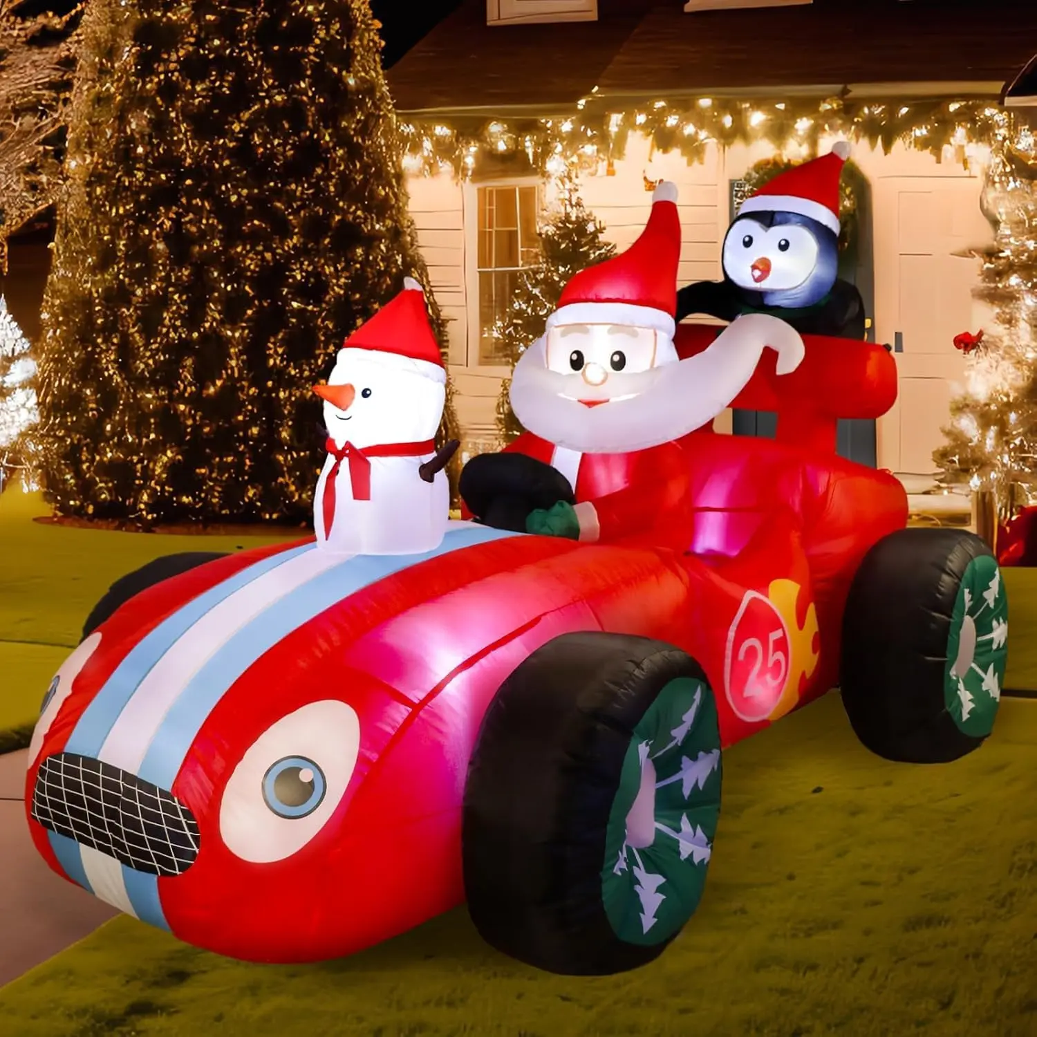 Inflatable Santa Monster Truck Decoration, Christmas Outdoor Decor, Outdoor Decoration Light, Snowman Penguin Racing Car, Holiday Yard Garden Lawn Ornament, Festive Decorations