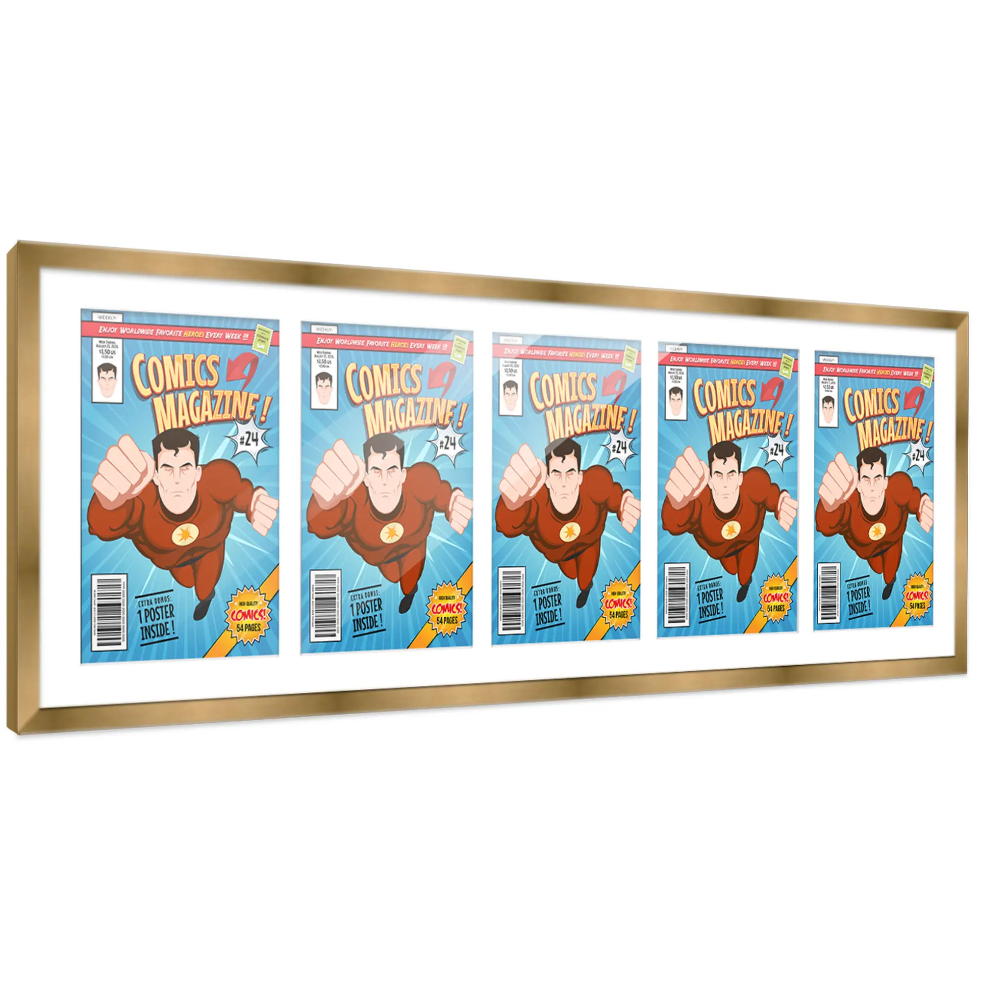 Comic Book Frame with Mat for 5 Current Era Comics Published After 1985 - Bronze Wood Comic Frame With White Mat for 6.875x10.5 Comics - 44x14 Frame Size
