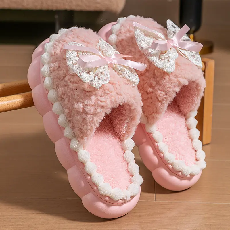 Women's Bow Knot Slippers Plush Warm Fuzzy Indoor Outdoor House Shoes Comfortable Cozy Non-Slip Casual Home Wear Flat