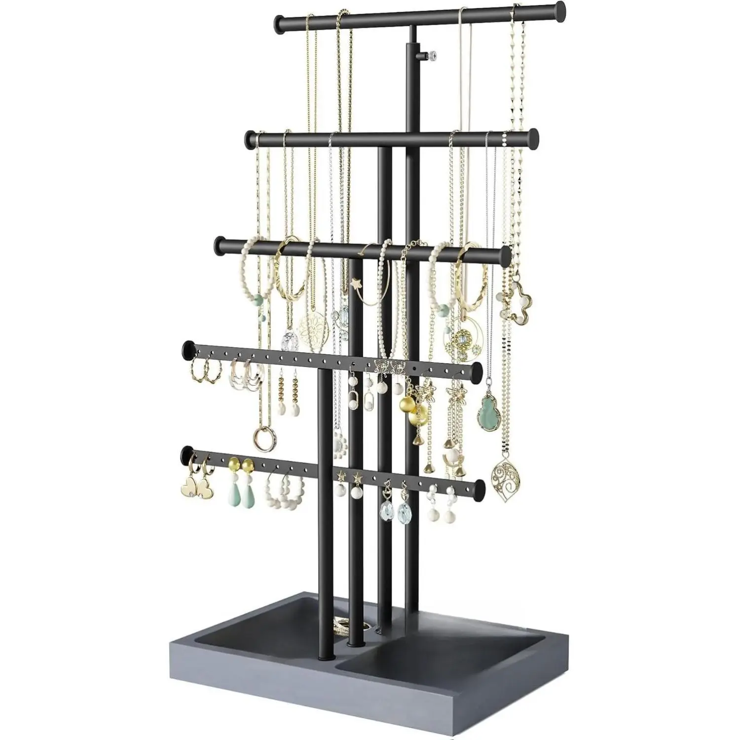 Jewelry Organizer Stand,5 Tier Large Necklace Holder with Wood Base,Jewelry holder stand Tree for Display,Bracelets Earrings Rings,Height Adjustable Gift Weathered Grey