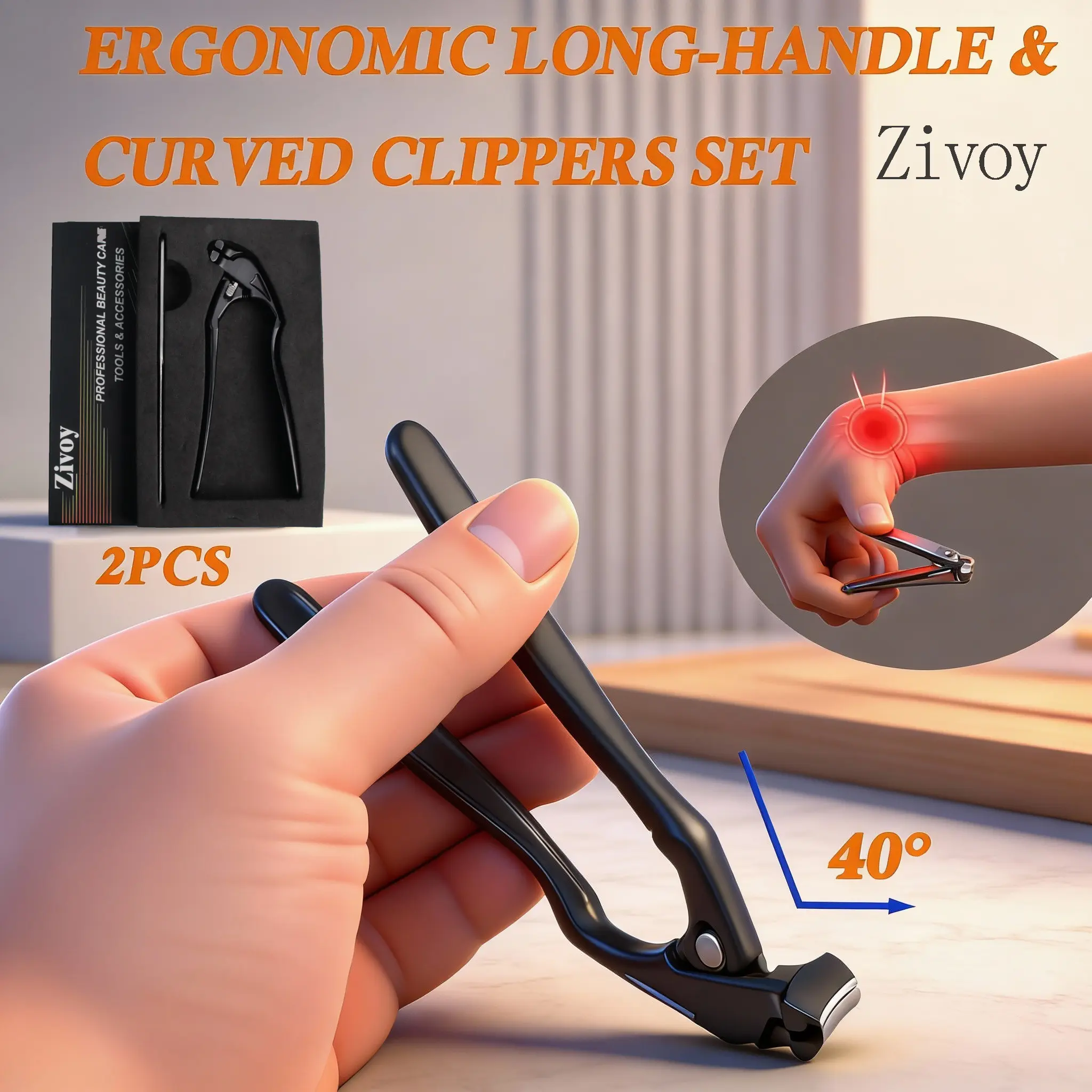 Zivoy Black Curved Tip Nail Clipper with Extra Long Handle Ergonomic Design for Seniors Large Opening Sharp Durable Blade Ideal for Toenail Care