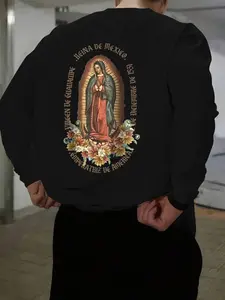 Unisex Virgin Mary Graphic Print Fitted Knit Pullover Sweater, Casual Long Sleeve T-Shirt, Spring & Summer Streetwear, American Retro Style, Knitwear