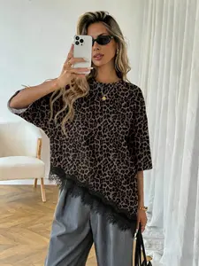 Women's Casual Solid Color Asymmetrical Hem Lace Patchwork Leopard Print T-Shirt, Comfortable and Stylish Top for Daily Wear, Perfect for Layering