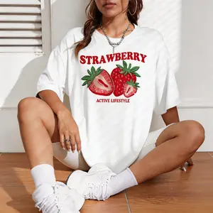 Women's Strawberry & Letter Print Round Neck Tee Top, Fashion Casual Crew Neck T-Shirt for Daily Holiday Vacation Outdoor Wear, Ladies Clothes for Summer, ridiculous merch, shirts women