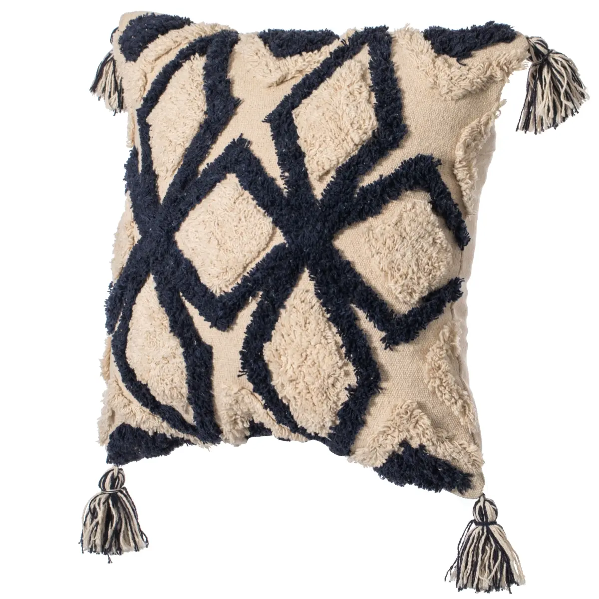 16in Square Tufted Cushion with Filler & Invisible Back Zipper - 100% Cotton Cover, 360-Degree Stand, Bohemian Moroccan Rustic Style, Blue & White Geometric Pattern, Corner Tassels, Handmade by Skilled Artisans, Square Shape, Tufted Texture, Home Decor