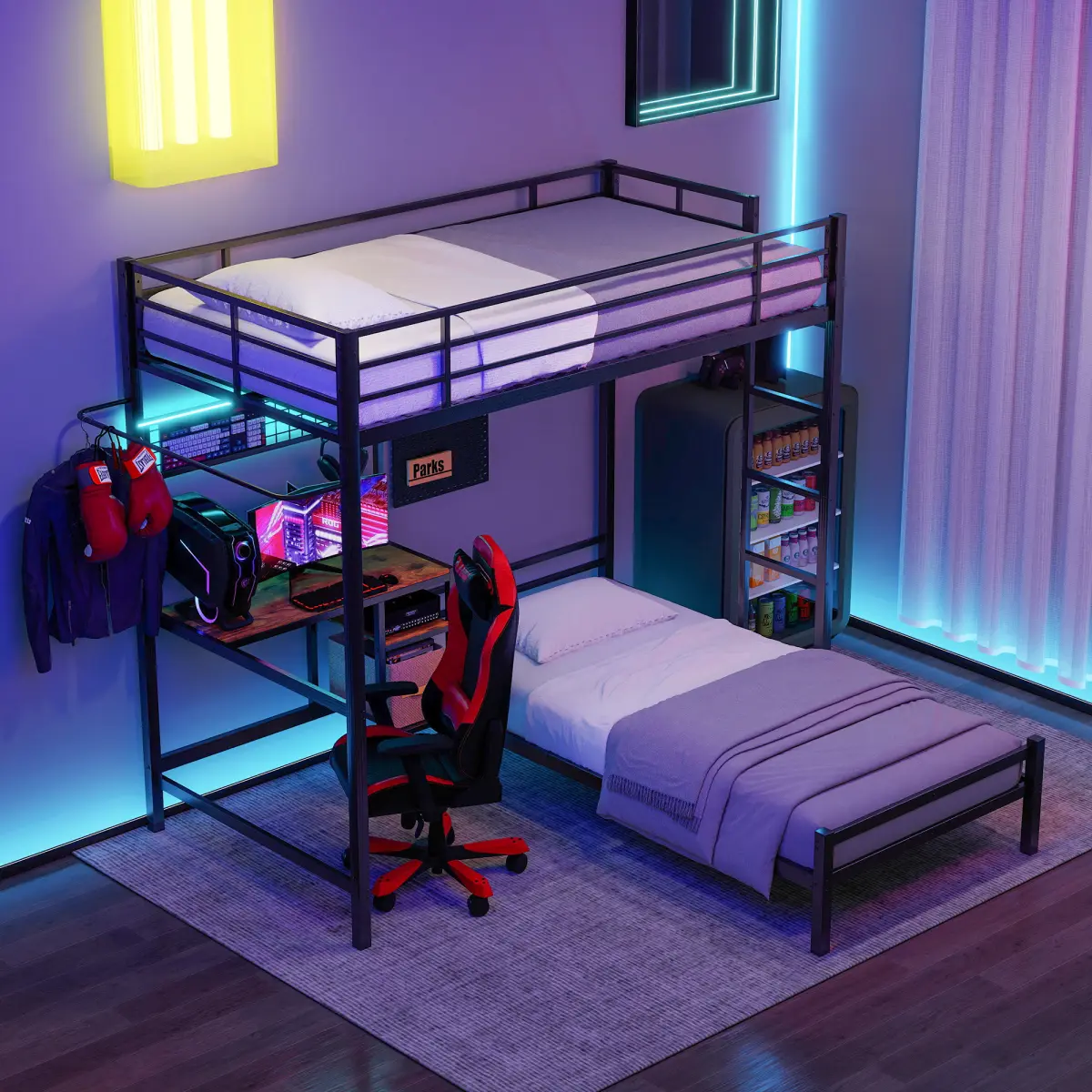 L-Shaped Metal Bunk Bed with Storage Shelves, Twin Over Twin Bunk Bed with Desk and Charging Station for Teens, Black Game Bunk Bedframe with LED, Safety Guardrail and Ladder, Black