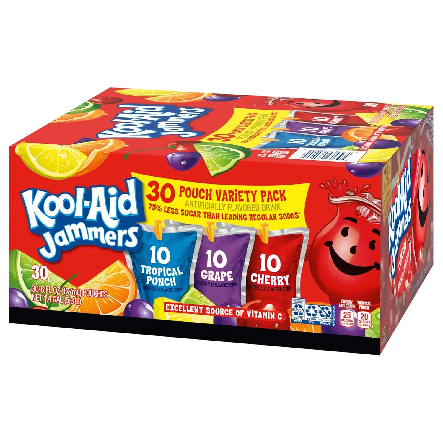 Kool-Aid Jammers Artificially Flavored Beverage Pouches - 30 x 6 fl oz, Tropical Punch, Grape, Cherry Flavors, Spice-Infused, for School Lunches, On-the-Go Hydration