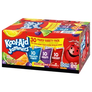 Kool-Aid Jammers Artificially Flavored Drink Pouches - 30 x 6 fl oz, Tropical Punch, Grape & Cherry Flavors, Spice-Infused, for School Lunches & On-the-Go Hydration
