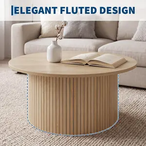 Round Coffee Table, 31.5" Tambour Design Coffee Tables for Living Room, Small Drum Accent Center Table, Mid Century Modern Fluted Wood Table with Metal Frame