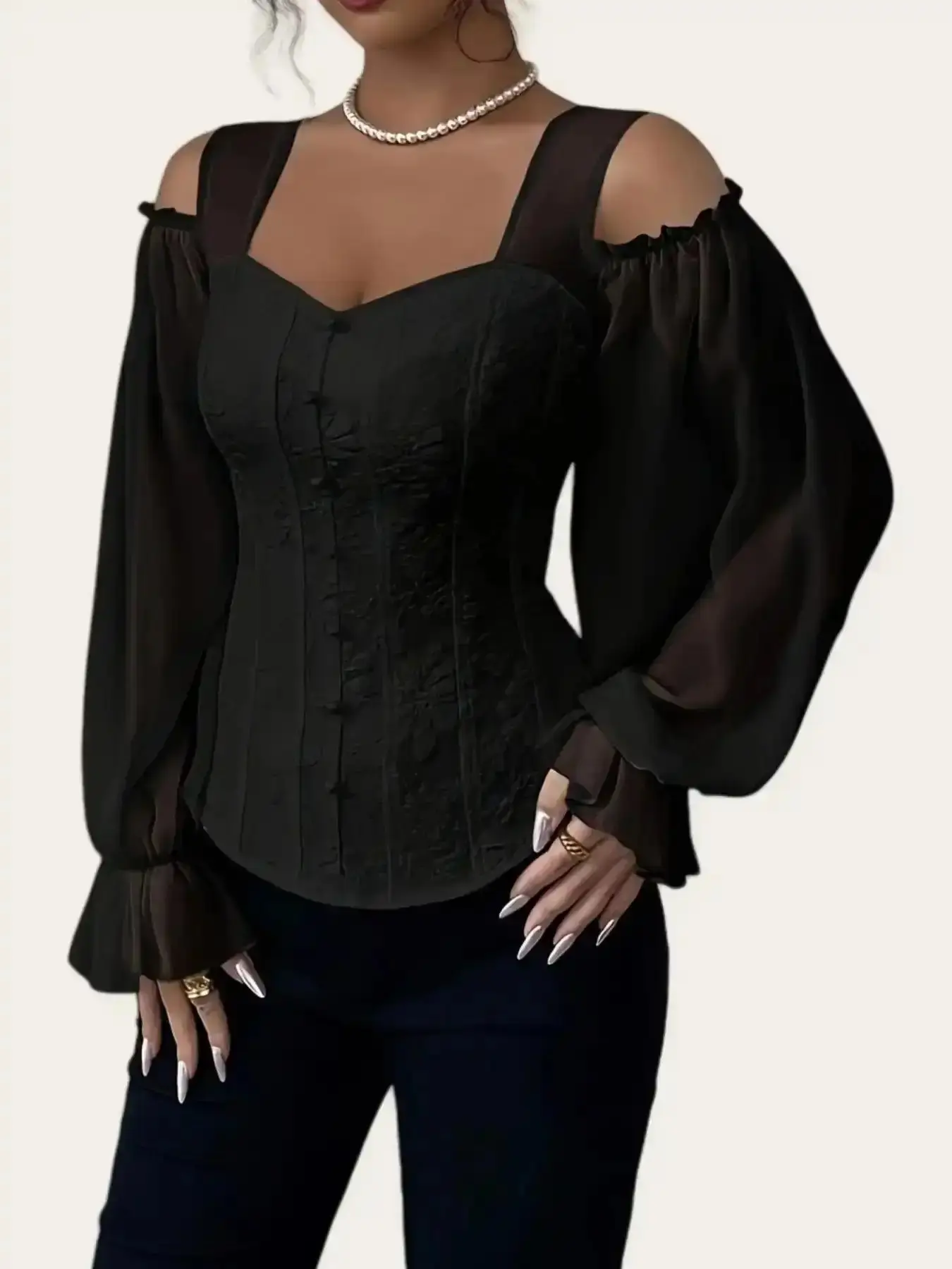 Women's Elegant Off-Shoulder Floral Jacquard Shirt Blouse Top Square Neck Long Sleeve Slim Fit 2026 Style Womenswear easy care wardrobe essential musthave piece classic staple versatile timeless style holiday vibes