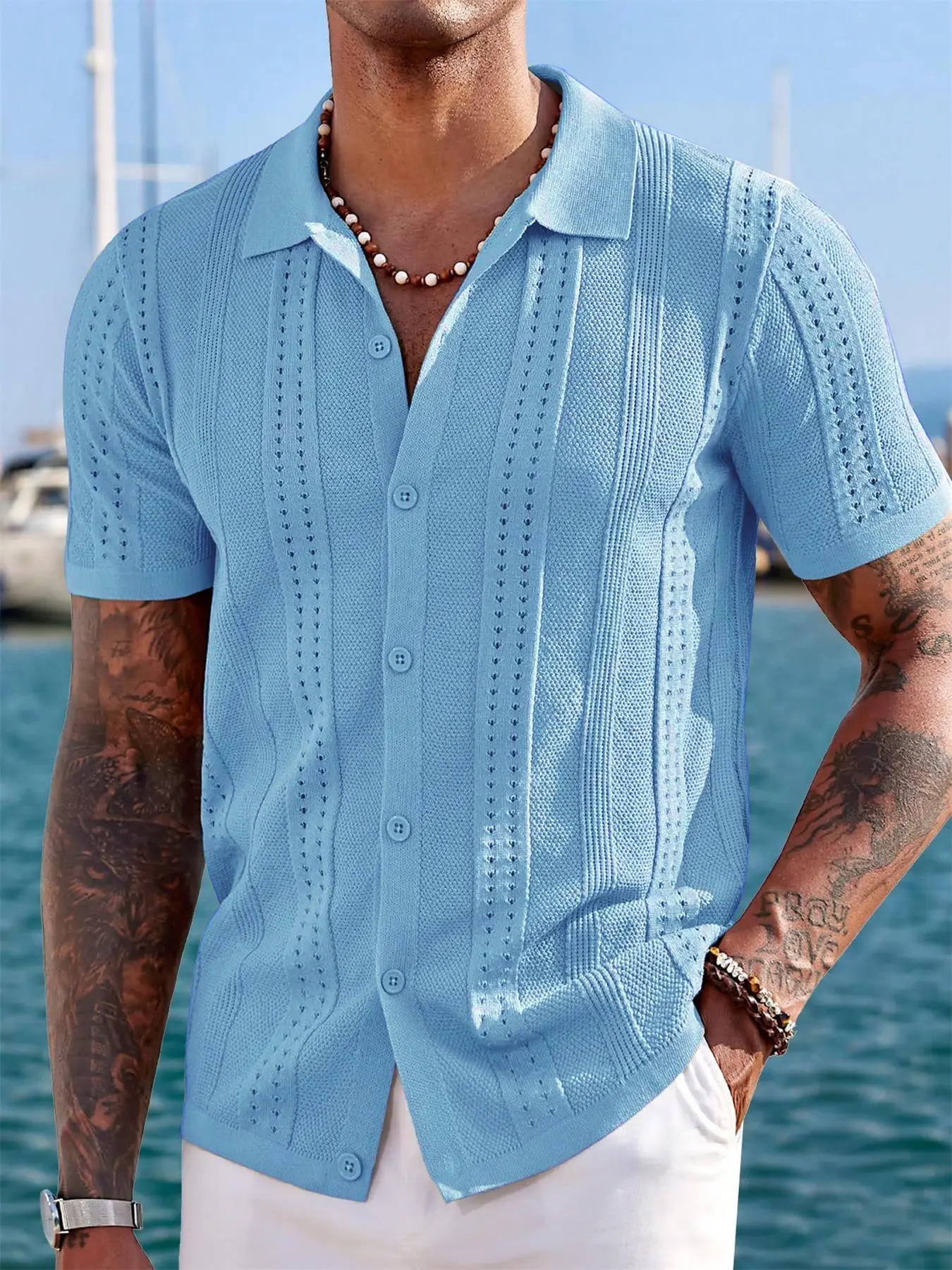 Men's Short Sleeve Eyelet Knitted Shirts Summer Solid Color Crewneck Collared Button Down Fitted Top Hollow Out Design Casual Breathable and Soft Cardigan Commuting Workout Outdoor Activities Music Festival Menswear