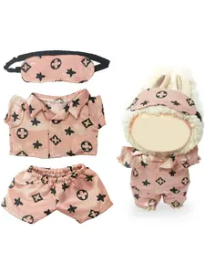 Clothes Compatible with LABUBU Doll - 3PCS Classic Set, 17cm Doll Clothes Designer Outfit for Cozy Night Theme, Stylish Luxury Pajama Accessories for Labubu, No Doll, Clothes for Dolls (Rosy Sleepwear Set)