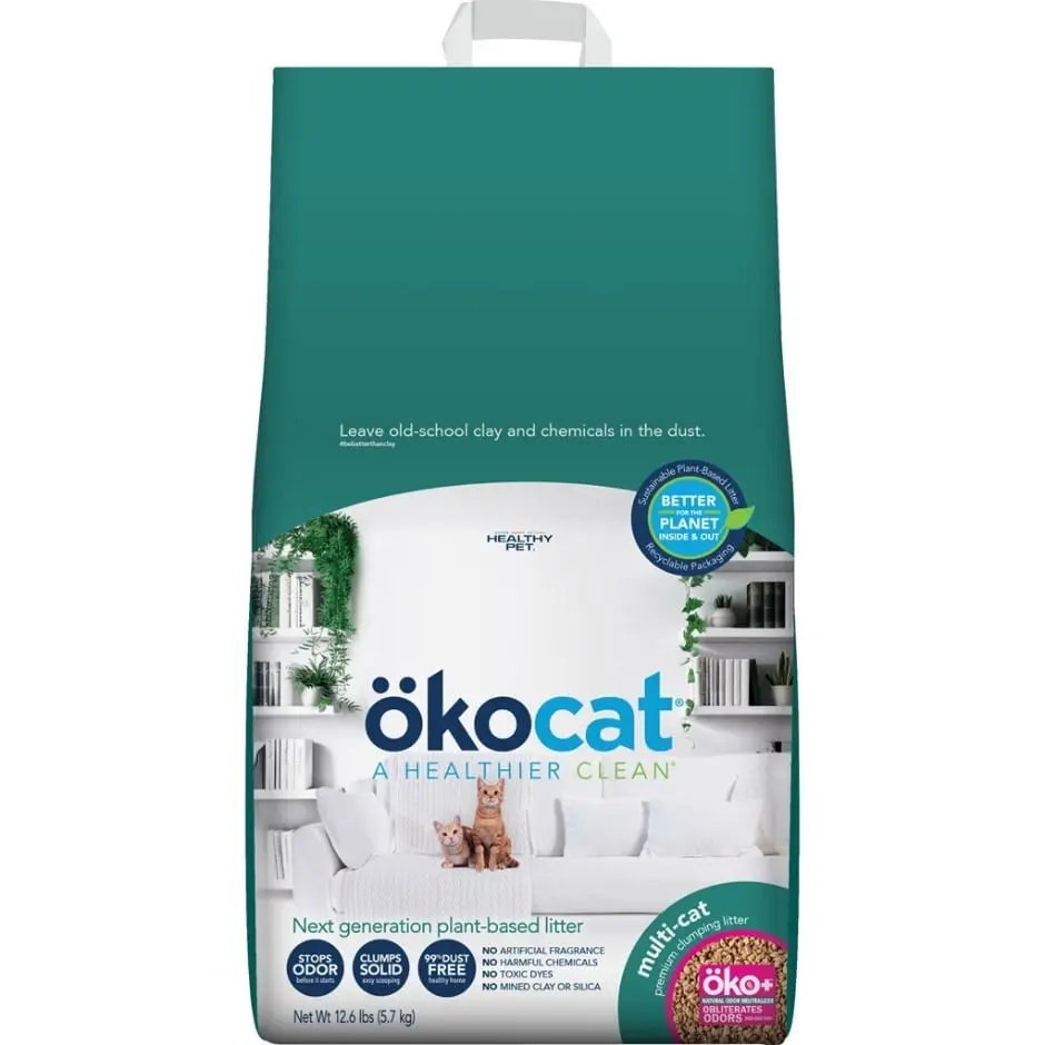 Okocat L0950 Premium Clumping Cat Litter, 12.6 lbs, Multi-Cat Use, Medium Grain, Odor Control, Clumping Litter