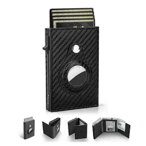 Mens Smart Wallet Card Holder, Small Portable Leather Wallet: Slim, Carbon Fiber, Minimalist - 9-14 Card Capacity | ID Window | Cash Slot (Black)