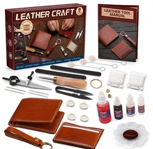 Handmade Leather Wallet Kit，This DIY leather craft kit also includes a keychain and comes with detailed video tutorials、perfect for beginners. Premium Leather Material, it makes an ideal gift for men or for Father’s Day.