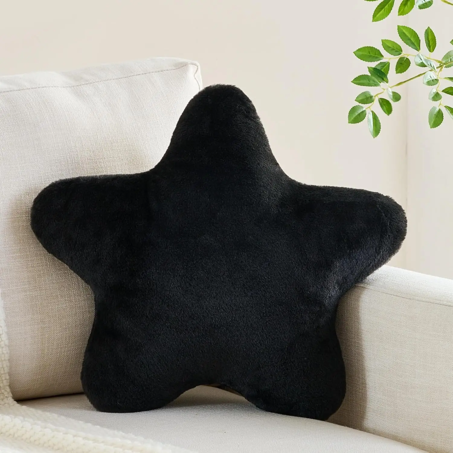 Shaped Decorative Throw Pillow, 15.7in Black Plush Cushion with Soft Faux Fabric, Room Decor for Couch, Bed, Living Room Floor Seating