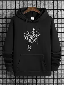 Men's Spider Web Print Drop Shoulder Hoodie, Fashion Casual Regular Fit Drawstring Pocket Hooded Sweatshirt for Daily Holiday Outdoor Wear, Men Clothes for Spring & Fall