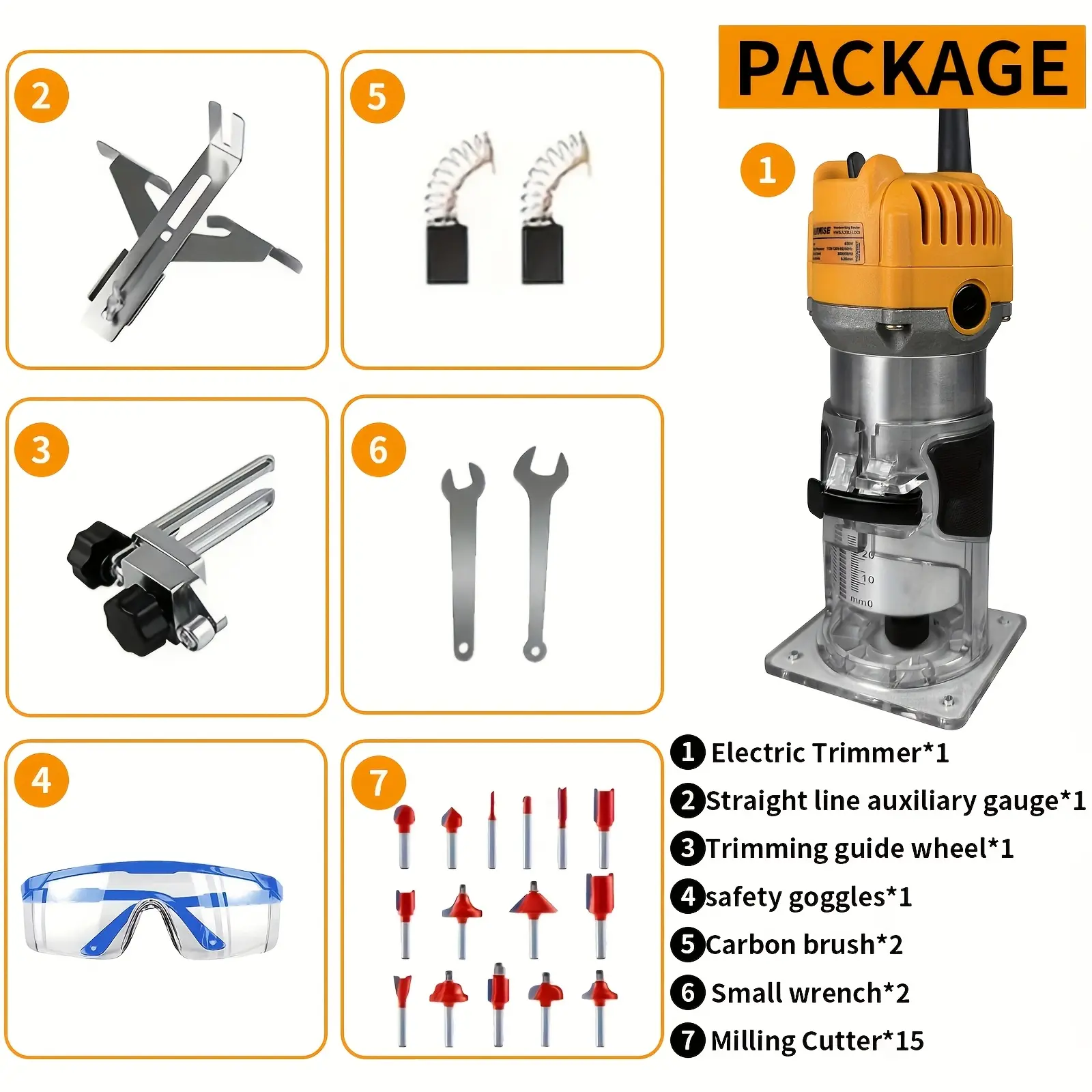 800W Compact Wood Router, 110V US Plug Trimmer with Dust Collection System, Transparent Base, Guide Rail, Wrench for Slotting Trimming Edging Carving