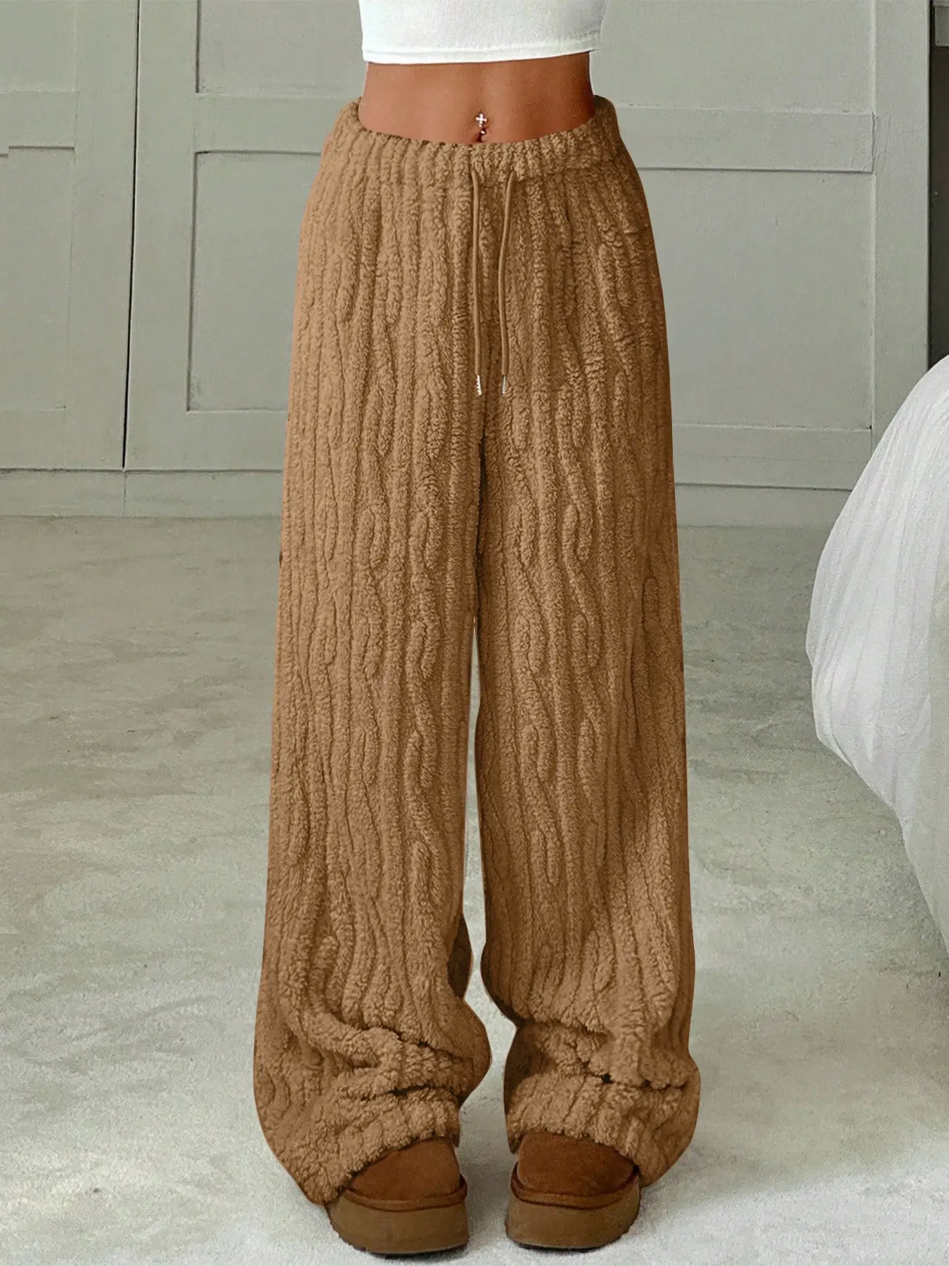 Ezwear High Waist Loose Fit Sport Pants, Camel Color, Drawstring Design, Fall & Winter, Women's Casual Home Wear
