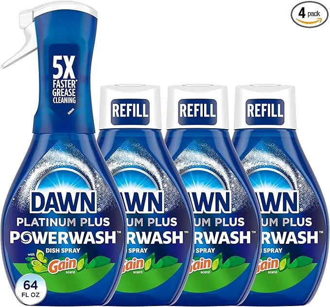 Dawn Platinum Plus Powerwash Original Dish Spray Kit - 64 FL OZ Refill Bottle, 4 Pack, 5X Faster Grease Cleaning, Gain Scent Detergent