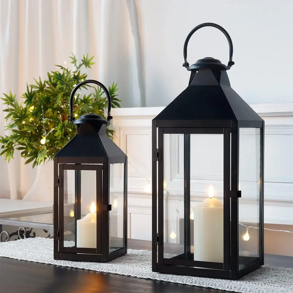 JHY DESIGN Set of 2 Cream Decorative Lanterns 17.5&13.5inch Metal Candle Lanterns for Indoor Outdoor Events Paritie and Weddings Vintage Style Hanging Lantern